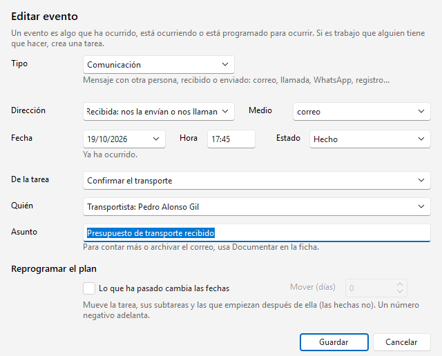 Formulario de un evento: una comunicación recibida por correo